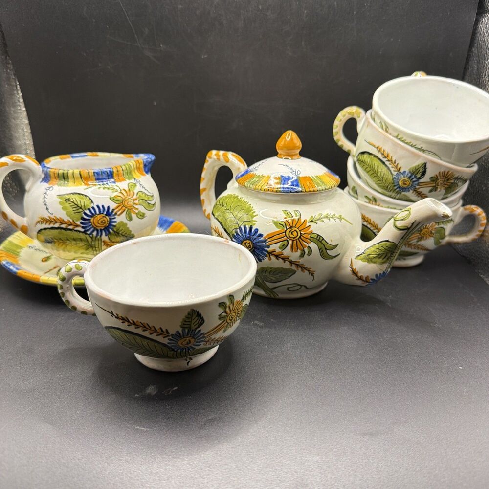 Vintage Spanish Pottery 5" Tea Pot, Creamer Plate, 5 Tea Coffee Cups HandPainted